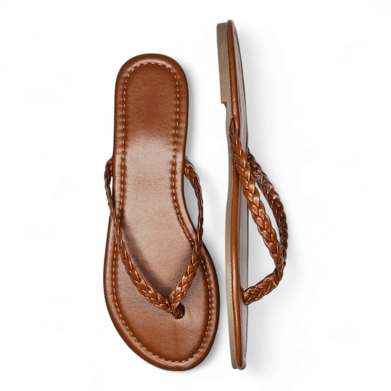 Brown leather braided thong sandals with stylish braided straps for summer comfort