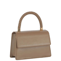 Beige leather handbag with braided top handle from the Braided Top Handle Satchel collection