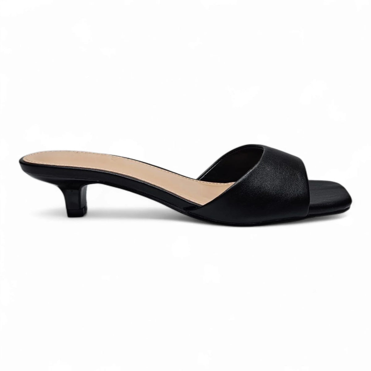 Black leather mini kitten heel slide from Brat Single Band Mini Kitten Heel collection