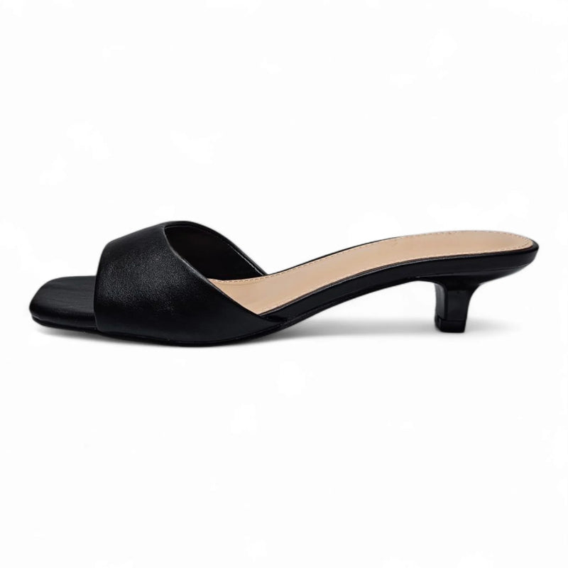 Black leather mini kitten heel slide from Brat Single Band Mini Kitten Heel collection