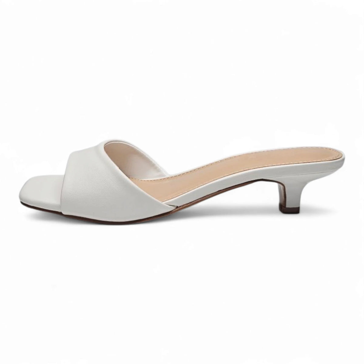White leather heeled sandal featuring a stylish mini kitten heel from Brat Single Band Mini Kitten Heel