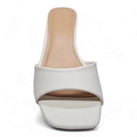 White leather mule sandal with a stylish mini kitten heel from Brat Single Band Mini Kitten Heel