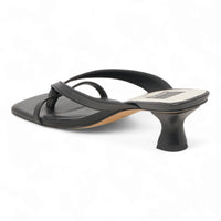 Black leather Brevel Kitten Heel sandal with horizontal strap and architectural heel design