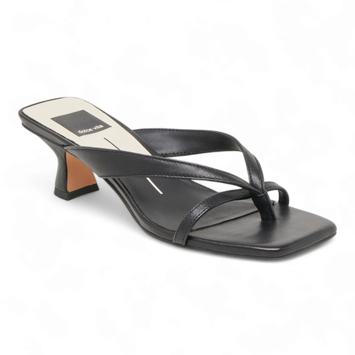 Black leather strappy sandal with architectural heel, Brevel Kitten Heel design