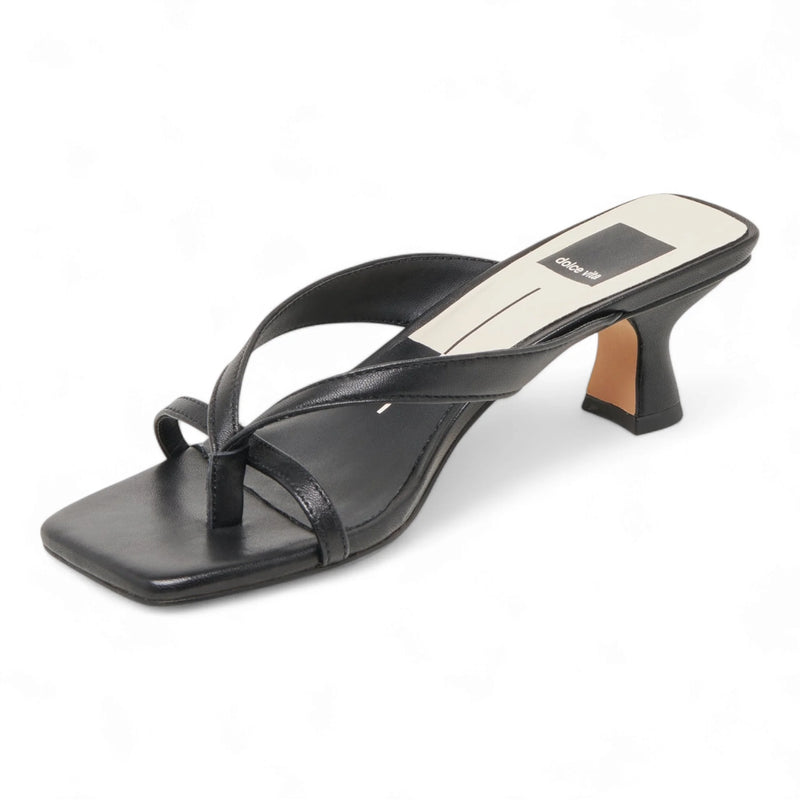 Black leather thong sandal with horizontal strap and architectural Brevel Kitten Heel