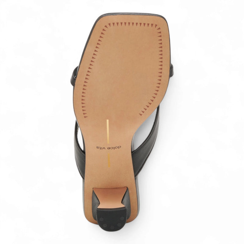 Bottom view of Brevel Kitten Heel black leather sandal with tan sole and horizontal strap