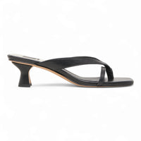 Black leather thong sandal with horizontal strap and architectural Brevel Kitten Heel