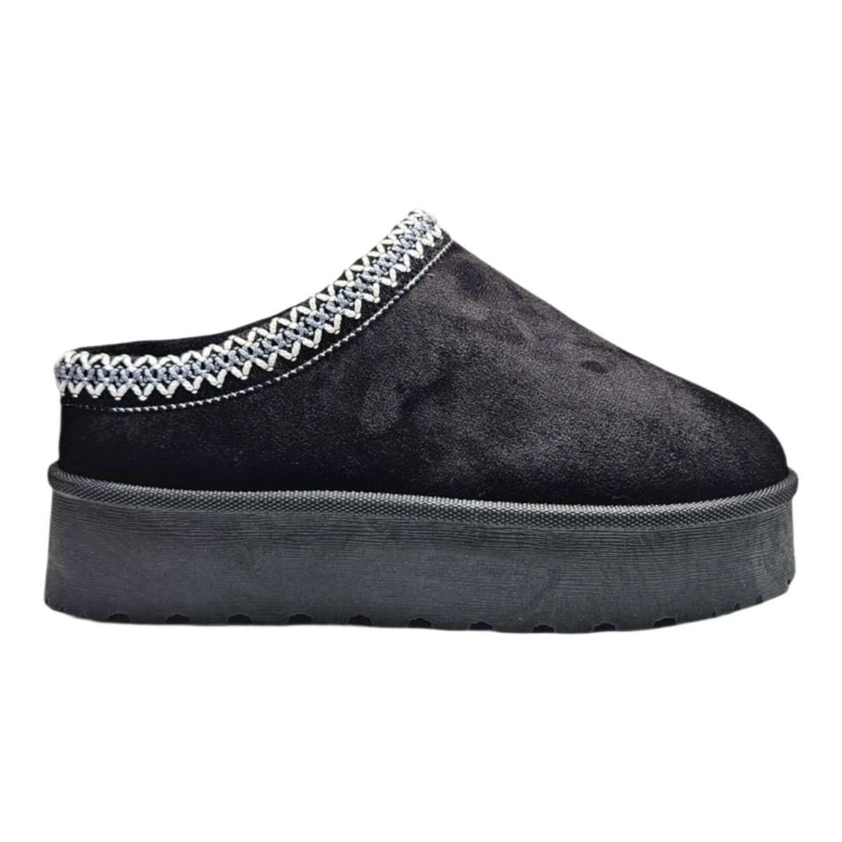 Black suede Brigham Platform Clog Slipper with decorative stitching detail