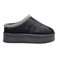 Black suede Brigham Platform Clog Slipper with decorative stitching detail