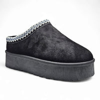 Black suede Brigham Platform Clog Slipper with patterned trim around the opening