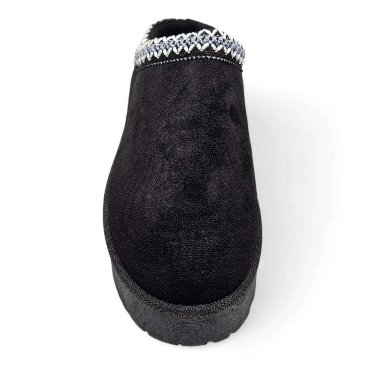 Black velvet Brigham Platform Clog Slipper with decorative silver trim along the opening