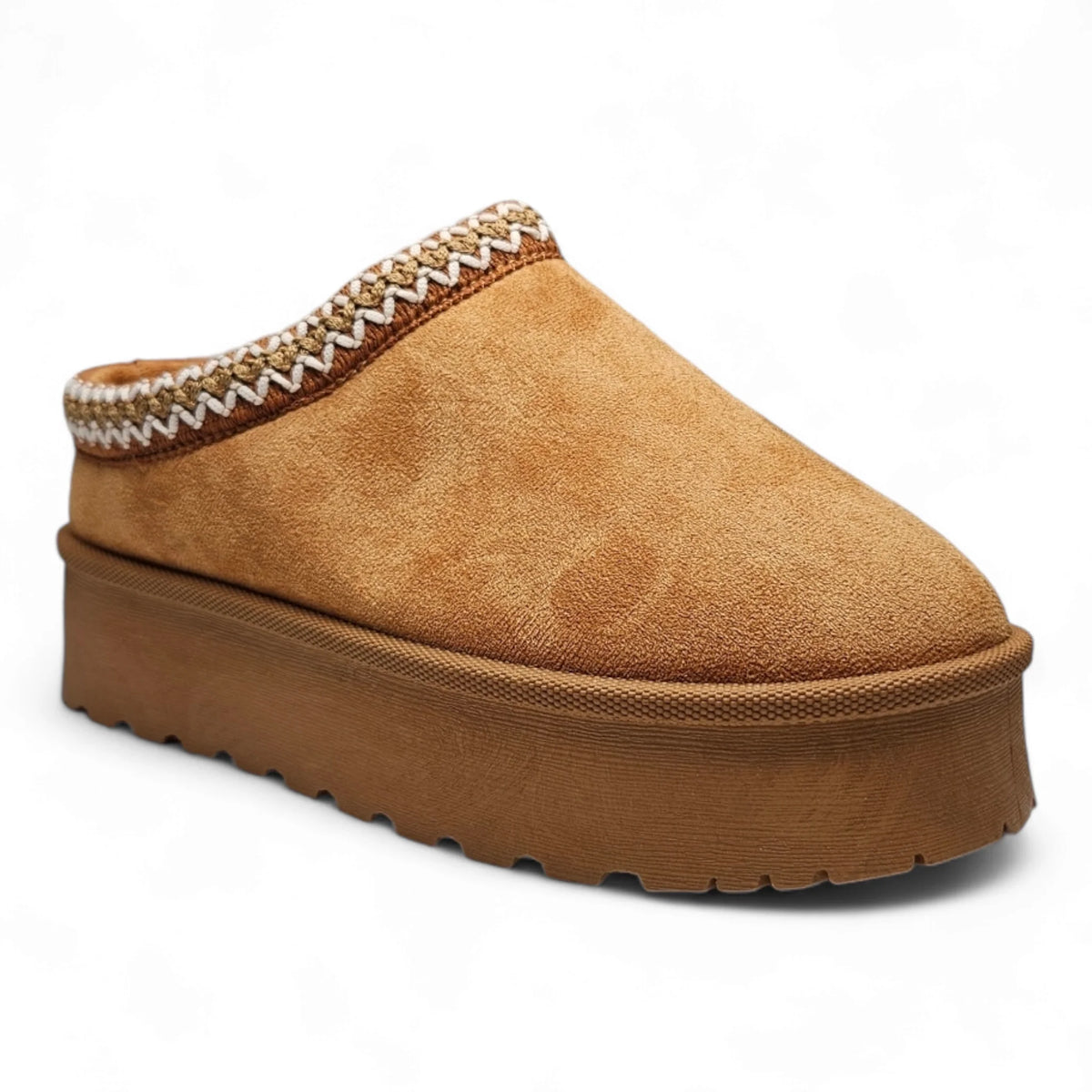 Tan suede Brigham Platform Clog Slipper with decorative stitching and platform sole