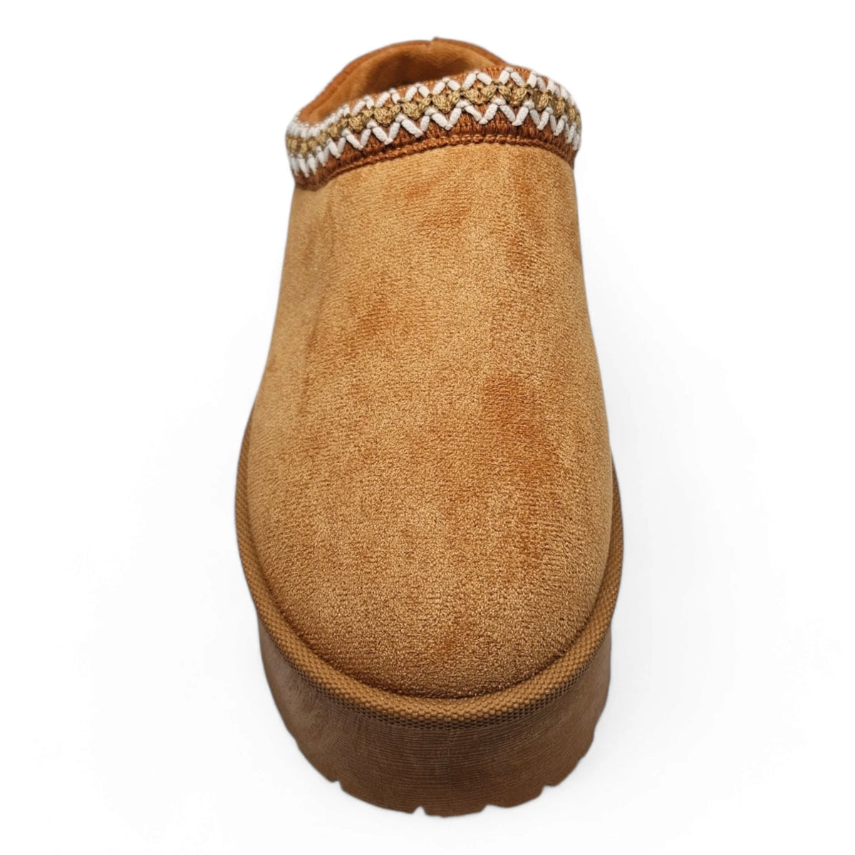 Tan suede Brigham Platform Clog Slipper with decorative stitching detail