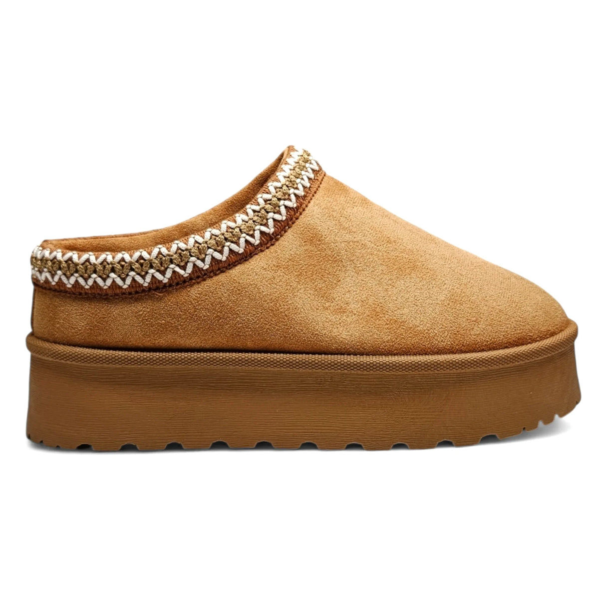 Tan suede Brigham Platform Clog Slipper with decorative stitching and platform sole