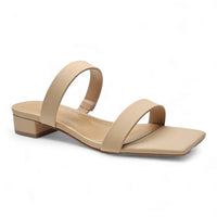 Beige leather Brio Two Band Slide sandal with low block heel and dual straps