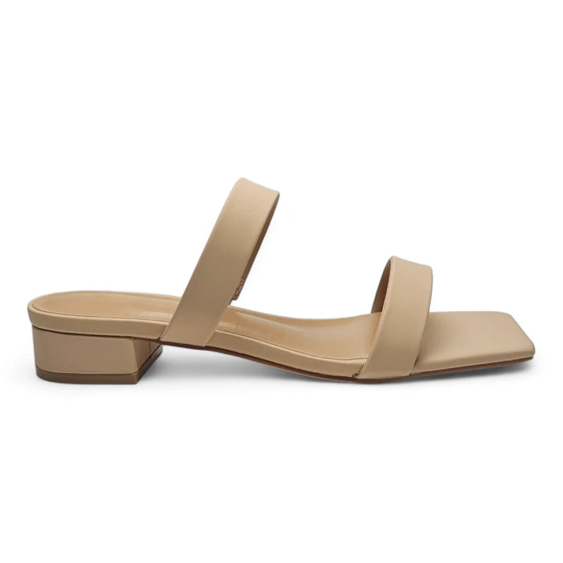 Beige low-heeled Brio Two Band Slide featuring two straps across the foot