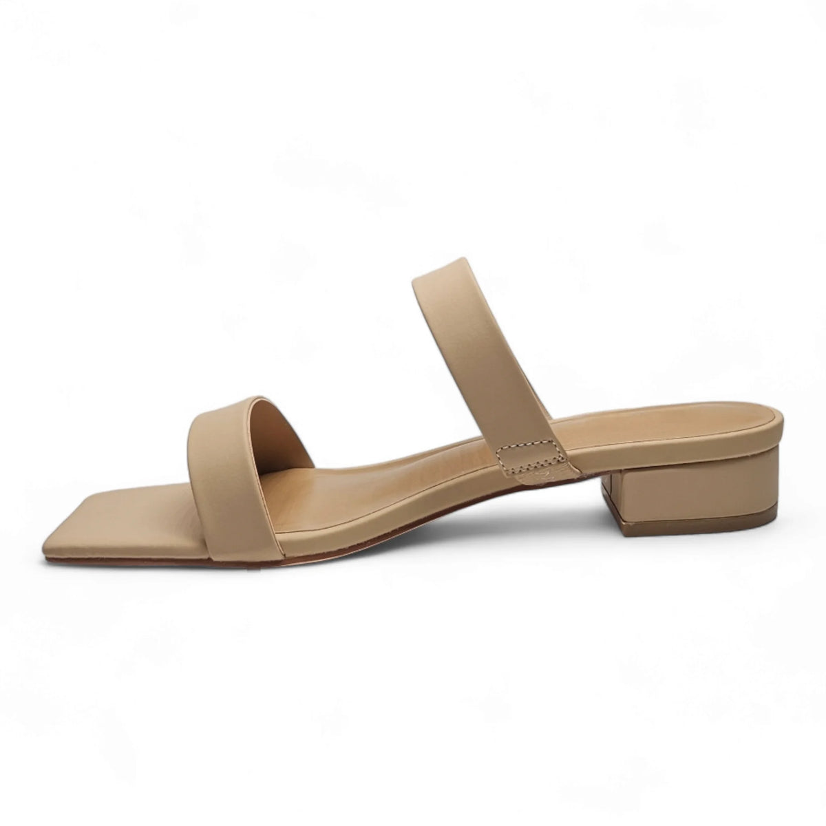 Beige leather Brio Two Band Slide sandal with two straps and low block heel