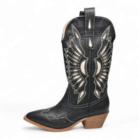 Black leather Britney Cut Out Western Boot with white wing embroidery and wooden heel