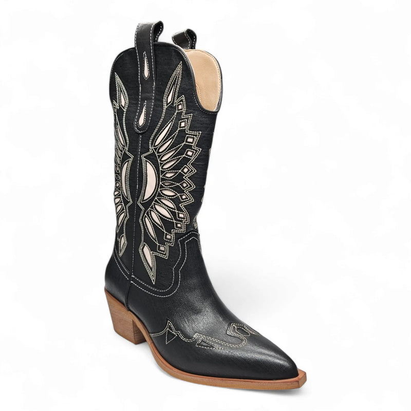 Black leather cowboy boot with white sunburst, calf-high design in Britney Cut style