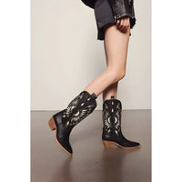 Black leather cowboy boots with white sunburst stitching - Britney Cut Out Western Boots