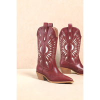 Burgundy leather cowboy boots with decorative stitching and pointed toes for Britney Cut Out Western Boots