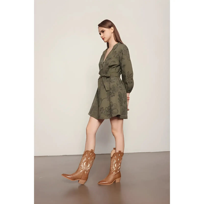 Olive green wrap dress with tie belt and brown cowboy boots by Britney Cut Out Western Boots