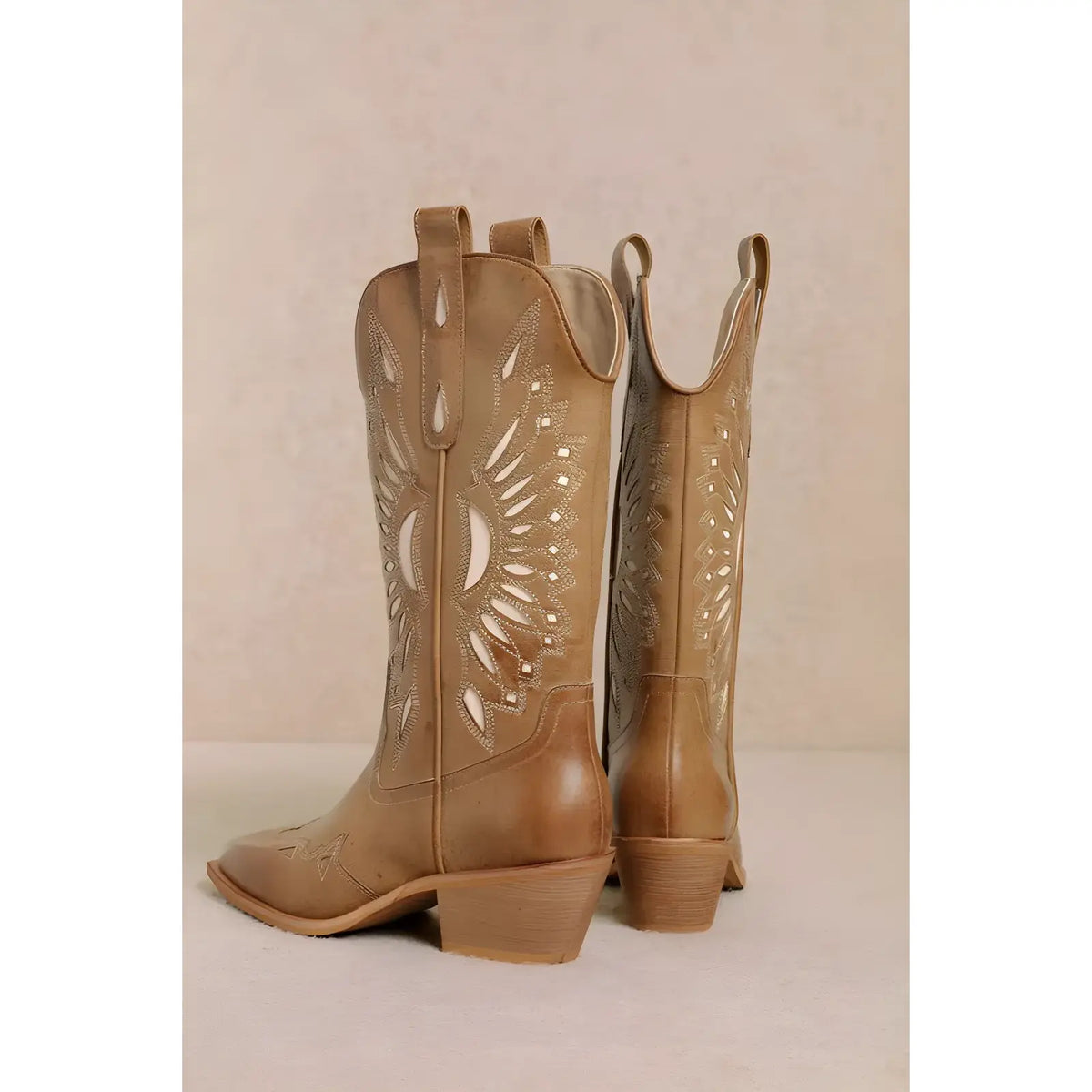 Tan leather BRITNEY CUT OUT WESTERN BOOTS with decorative stitching and sunburst pattern