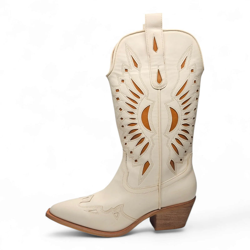 White leather Britany Cut Out Western Boot with brown cutout designs and pointed toe