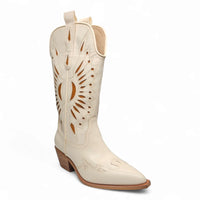 White leather Britany Cut Out Western Boot features brown sunburst design and pointed toe