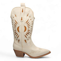 White leather Britany Cut Out Western Boot with brown designs and pointed toe, calf-high design