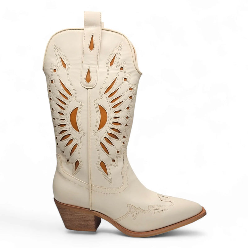 White leather Britany Cut Out Western Boot with brown designs and pointed toe, calf-high design