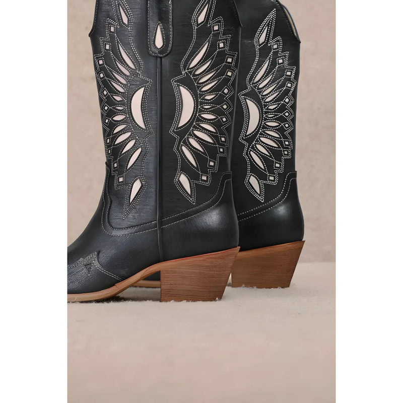 Black leather Britney Cut Out Western boots with white wing stitching details