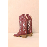 Red leather Britney Cut Out Western boots with white stitching in sunburst pattern