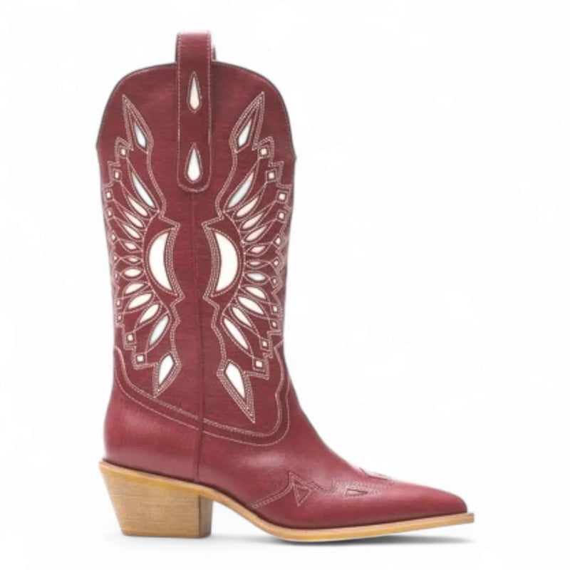 Red leather Britney Cut Out Western Boots with decorative stitching and wooden heel