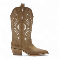 Tan leather Britney Cut Out Western Boots with decorative stitching and cutout designs