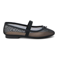 Black mesh Bronx Ballet Flats featuring an elastic strap across the top for comfort