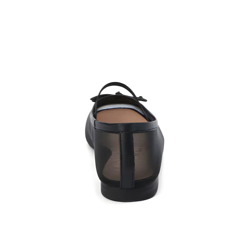 Black leather Bronx Ballet Flats with bow detail and mesh panels for stylish comfort