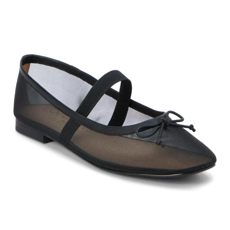 Black mesh Bronx Ballet Flats with elastic strap and bow detail for stylish comfort