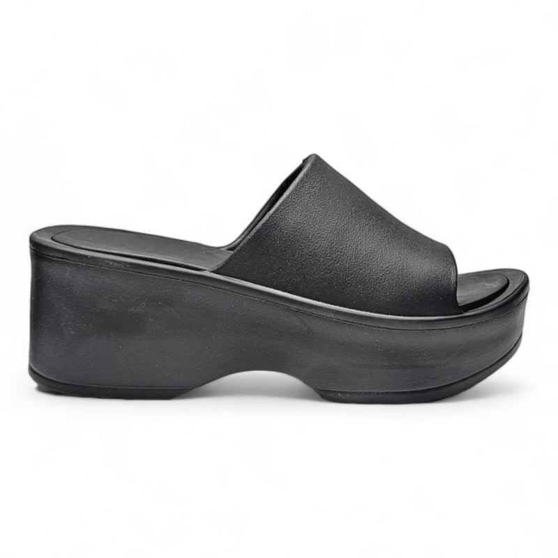 Black leather Brooklyn Platform Slides with chunky wedge heel for stylish summer wear