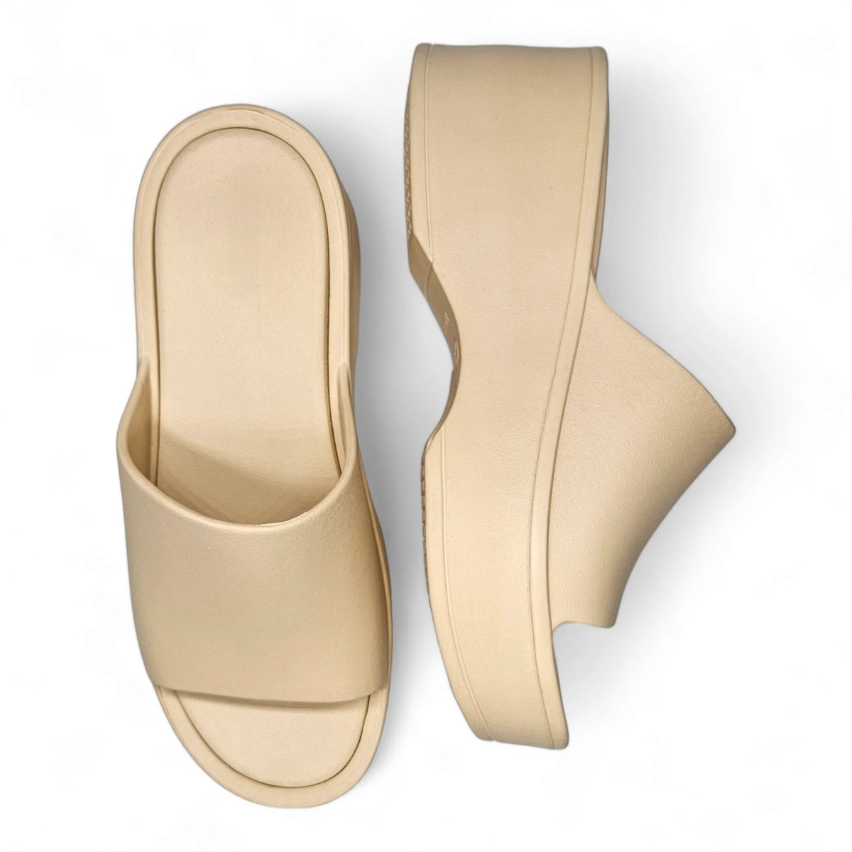 Beige Brooklyn Platform Slides featuring open-toe design and wedge style