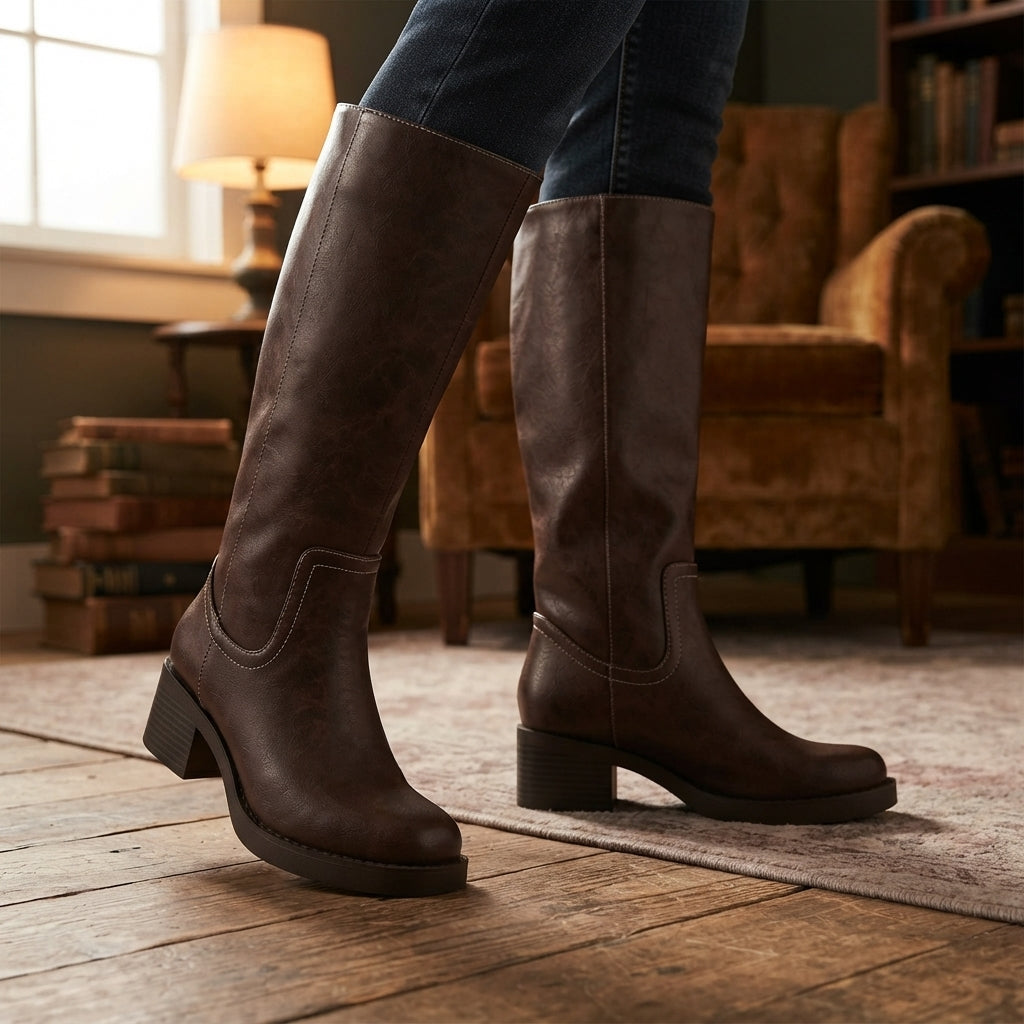 Dark brown tall boots with square toe and block heel worn with jeans