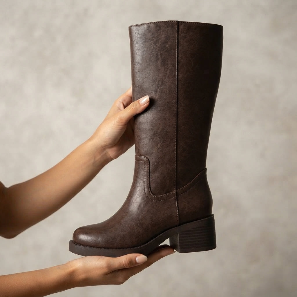 Brown tall leather boot with square toe and block heel