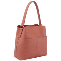 Pink leather bucket hobo bag with single strap and front pockets for stylish storage