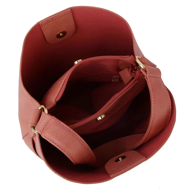 Red leather Bucket Hobo Bag with guitar strap, showcasing the open interior view