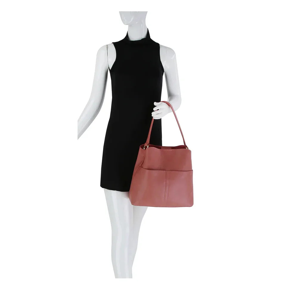 Sleeveless black dress on mannequin with Bucket Hobo Bag featuring guitar strap