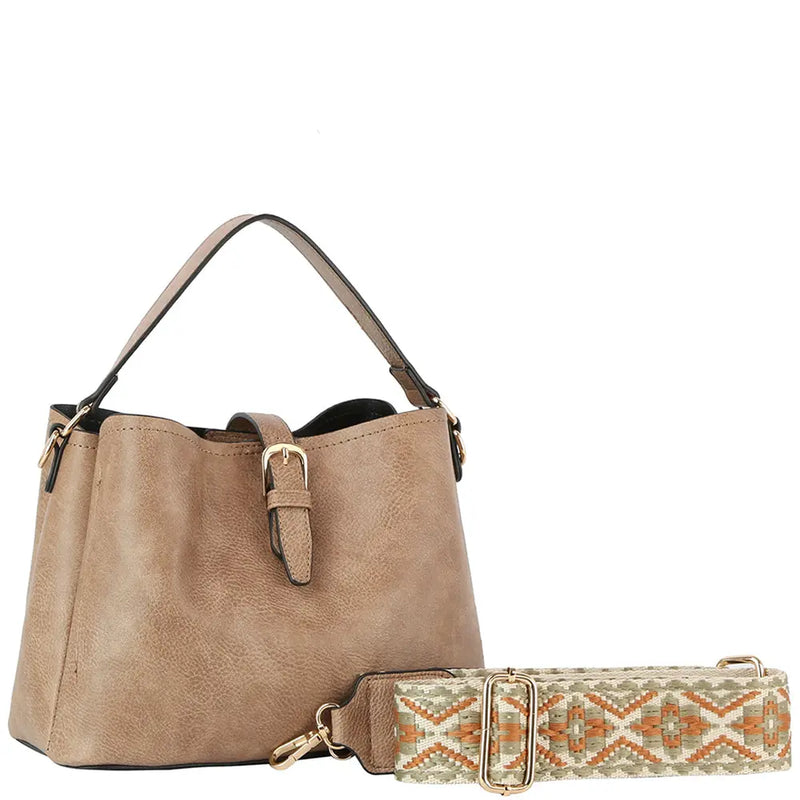 Beige leather Buckle Flap Shoulder Bag with detachable patterned strap