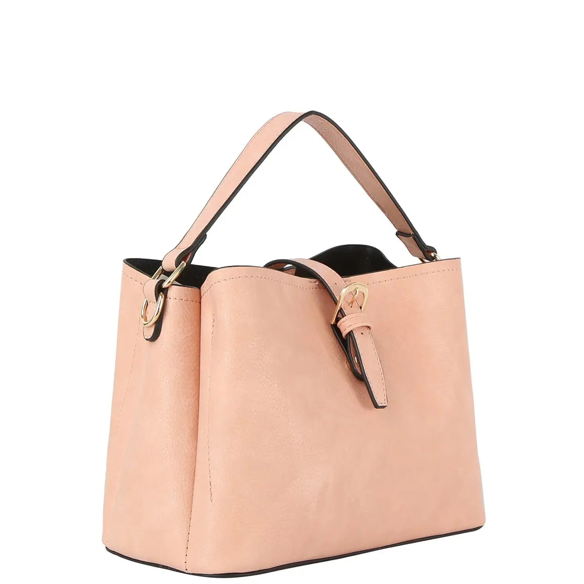 Pale pink buckle flap shoulder bag with top handle and stylish buckle details