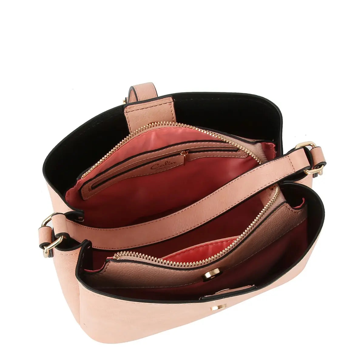 Pale pink Buckle Flap Shoulder Bag with red interior and patterned strap displayed open