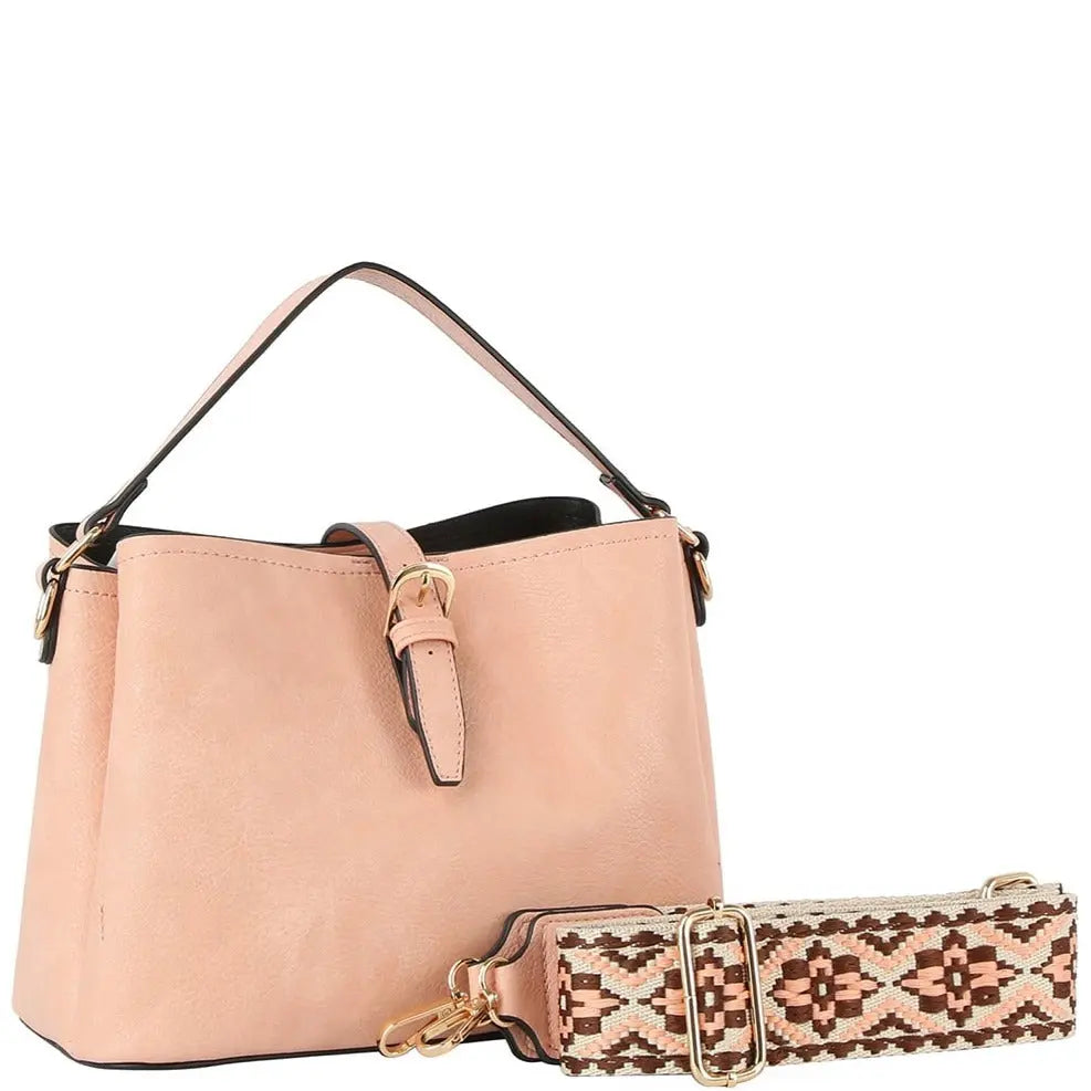 Pale pink Buckle Flap Shoulder Bag w/ Pattern Strap for stylish versatility