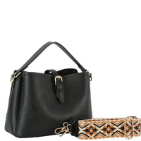 Black leather Buckle Flap Shoulder Bag with detachable patterned shoulder strap